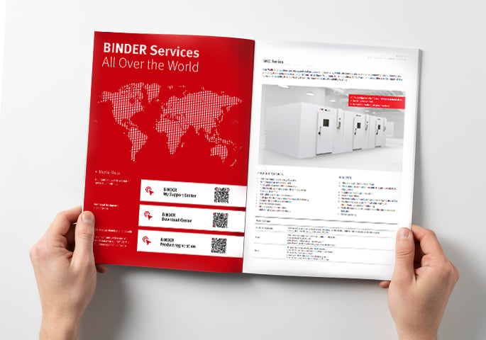 Aufgeschlagene BINDER Broschüre zur Walk-in-Chambers-Serie